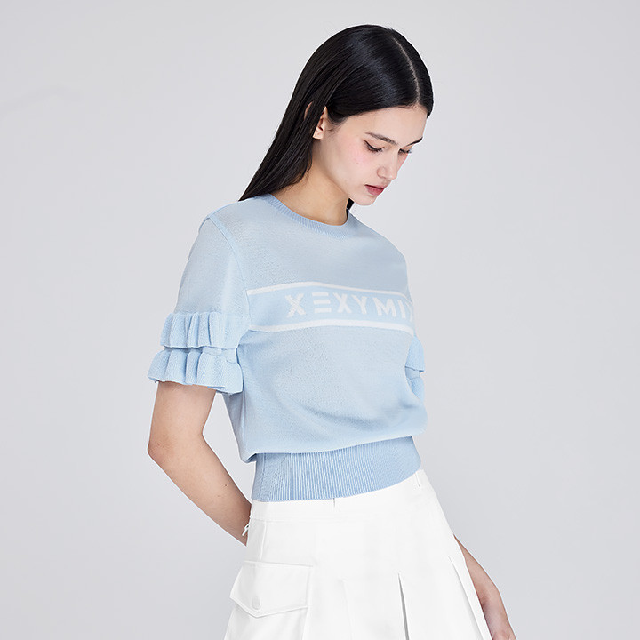 XGFKT01J2 Frill Lace Knit Light Blue Top