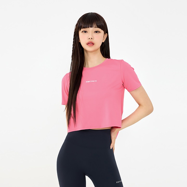 XWFST02J2 Ice Feather Backslit Crop Short Sleeve 2.0 Pink Camellia Top