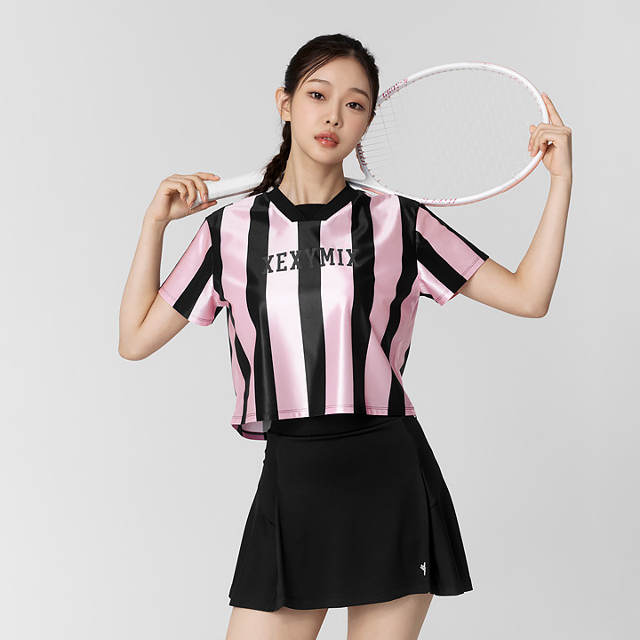 XTFST01J3 Color Block Jersey Short Sleeve Pink Black Top