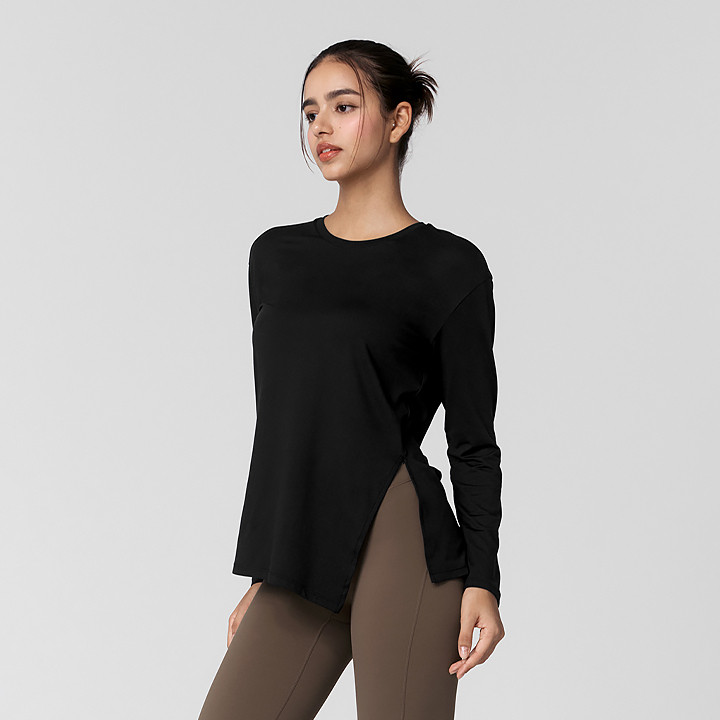 XWFLT01J3 Soft One-Slit Long Sleeve Back Black Top