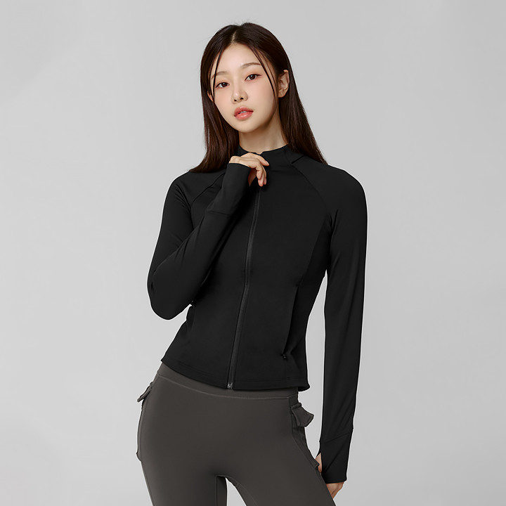 XWFJK03J3 Active Slim Fit Silky Zip Up Black Top