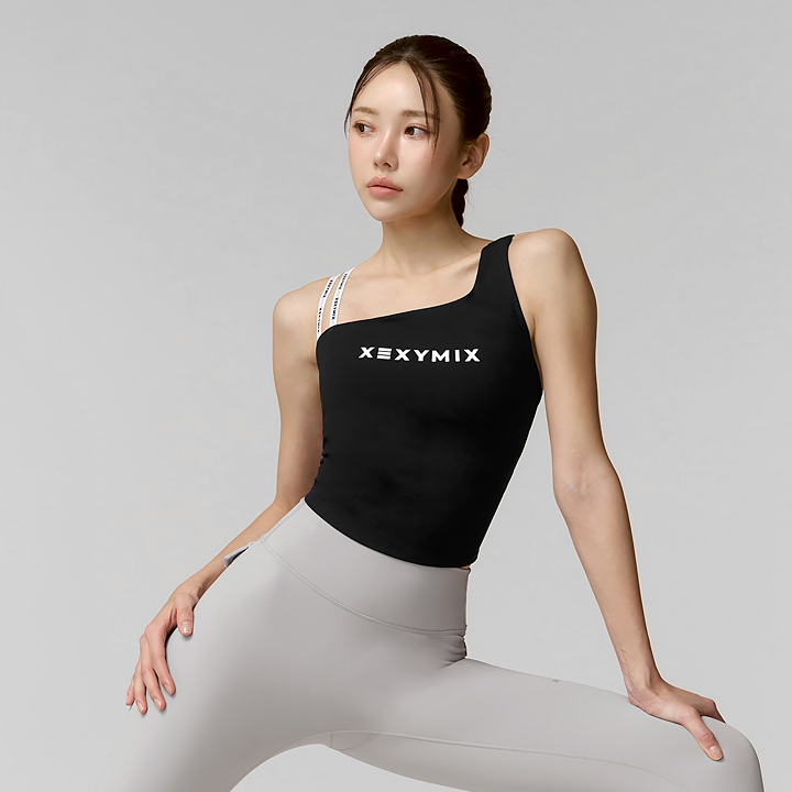 XFK1BL1502 Unbalanced Logo Banding Crop Black Top
