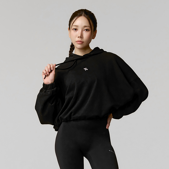 XFK1TL1103 Fine Cotton Loose Fit Cropped Hoodie Black Top