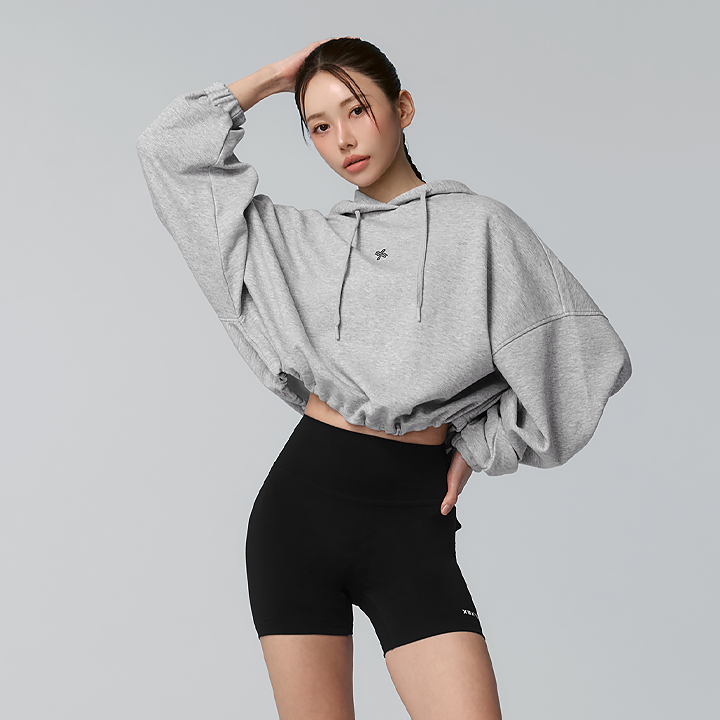 XFK1TL1103 Fine Cotton Loose Fit Cropped Hoodie Melange Gray Top