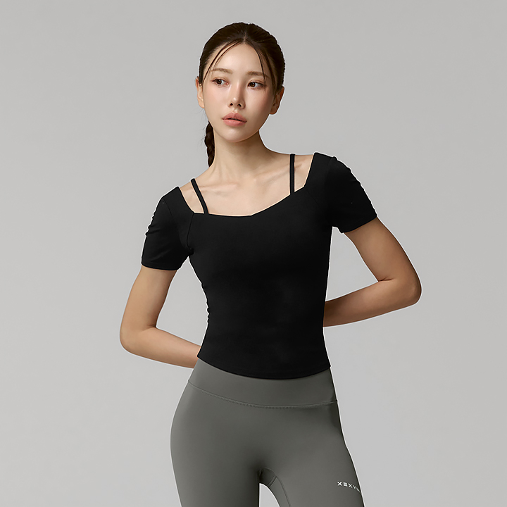 XFK1BL1503 Cotton-like Heart Neck Crop Black TOP