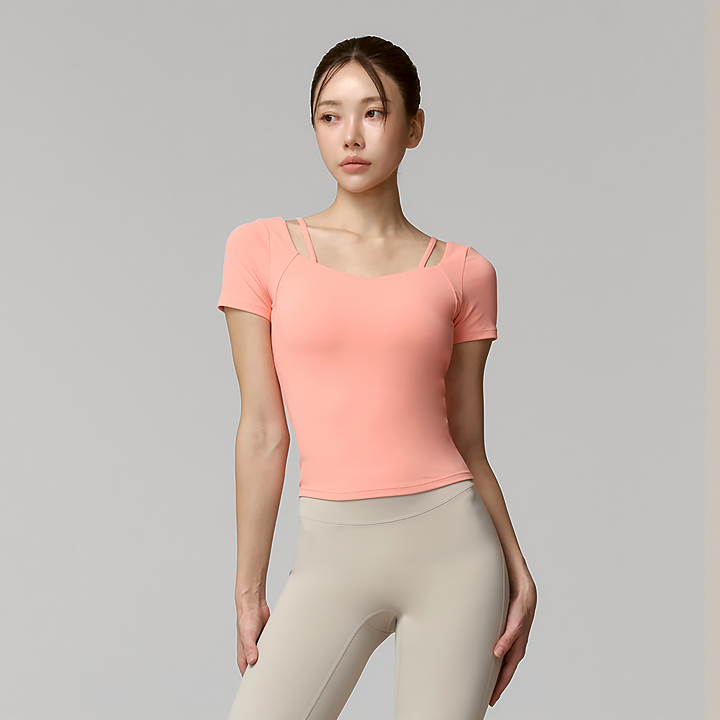 XFK1BL1503 Cotton-like Heart Neck Crop Light Coral TOP