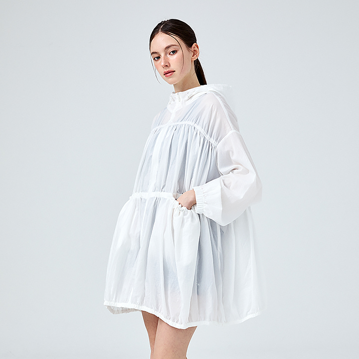 XFK1JL1106 Airy Balloon Shirring Hooded Long Jacket Ivory Top