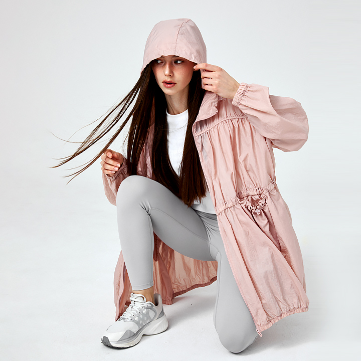 XFK1JL1106 Airy Balloon Shirring Hooded Long Jacket Rose Peony Top