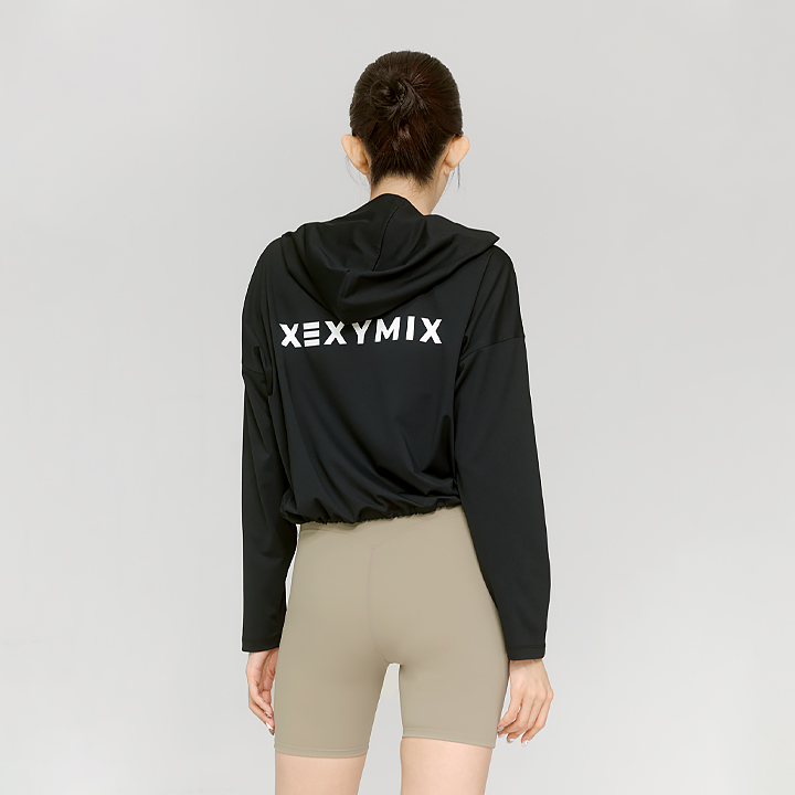 XFK2TL1101 Daily Feather dstring Crop Hoodie Black Top