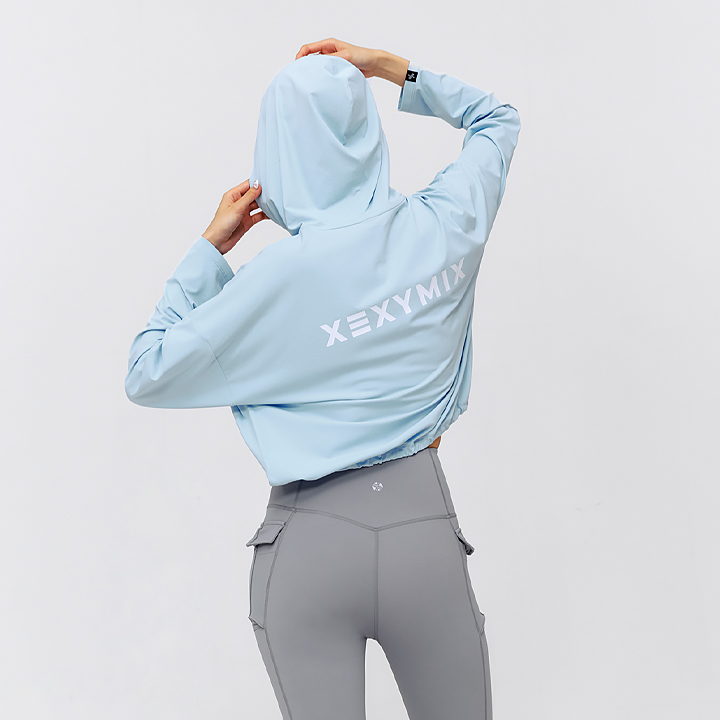 XFK2TL1101 Daily Feather dstring Crop Hoodie Swim Blue Top