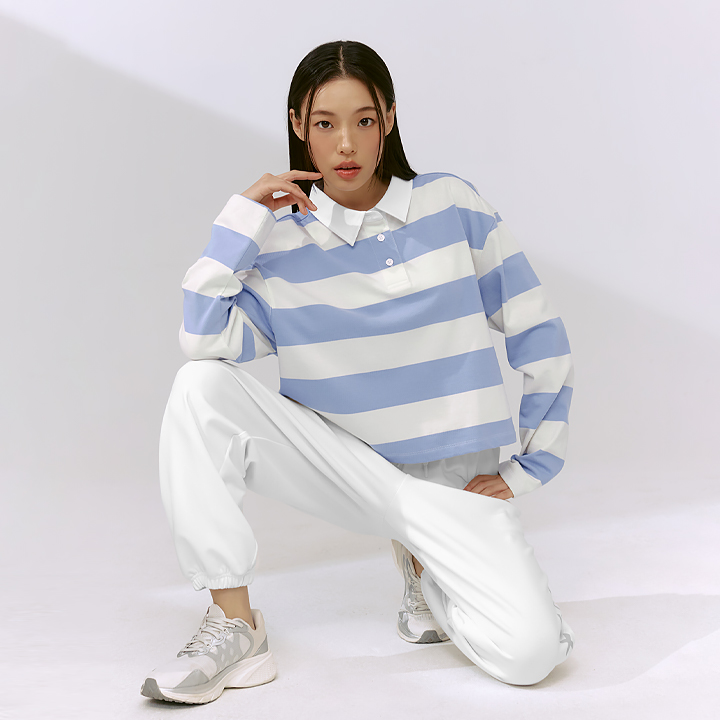 XFK1QL1103 Stripe oversized crop long sleeve Sky Melody TOP