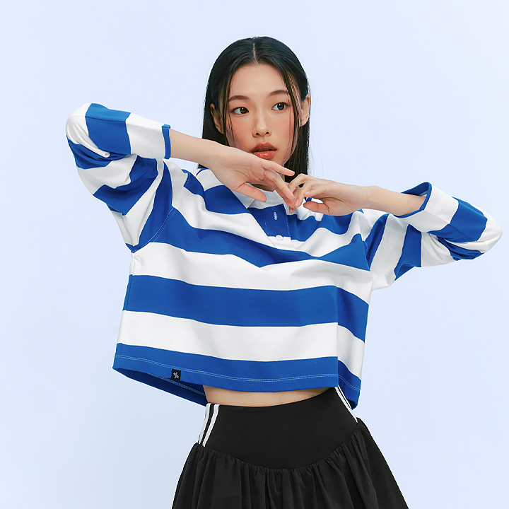 XFK1QL1103 Stripe oversized crop long sleeve French Blue top
