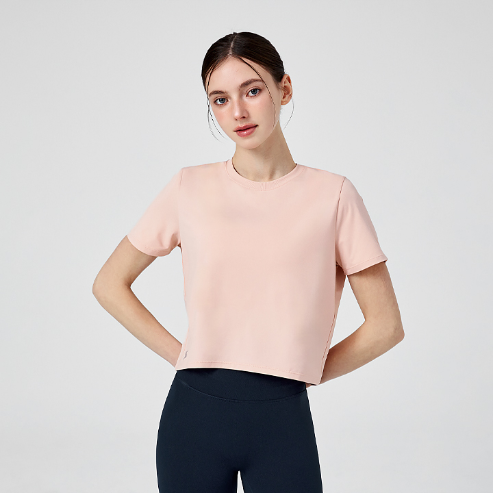 XFK1TS1002 Ice Feather Light 2.0 Crop Short Sleeve Back Fluffy Pink top