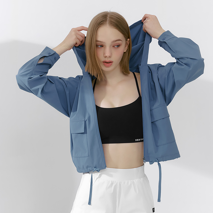 XFK2JL1102 Light Woven Hooded Crop Jacket Vintage Blue TOP