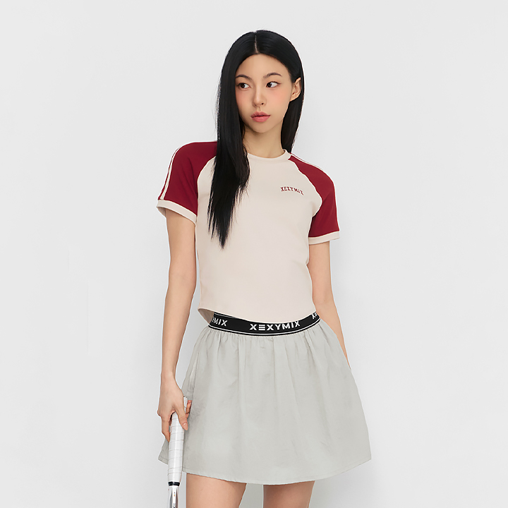 XFK2TS1101 Raglan Colorblock Crop Short Sleeve Wit Beige TOP
