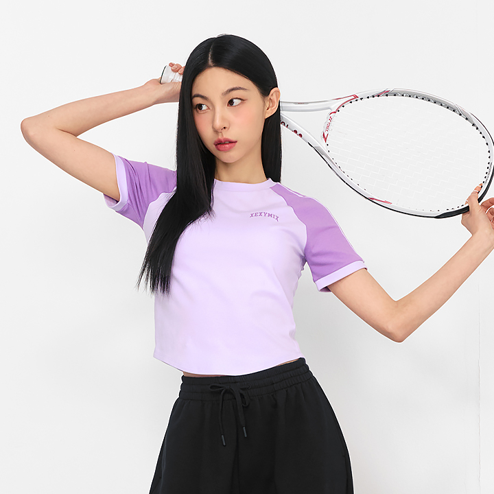 XFK2TS1101 Raglan Colorblock Crop Short Sleeve Bright Orchid TOP