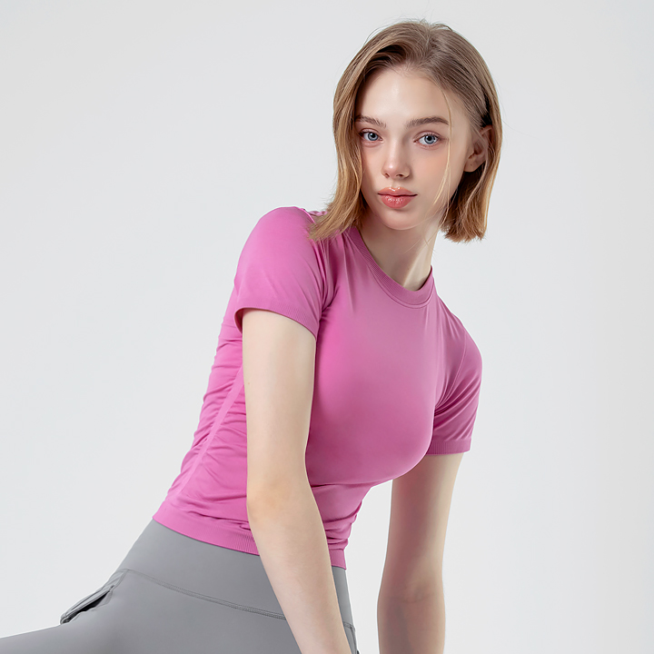 XFK2TS1009 ZeroSlick Seamless Side Shirring Short Sleeve Raspberry Pink TOP