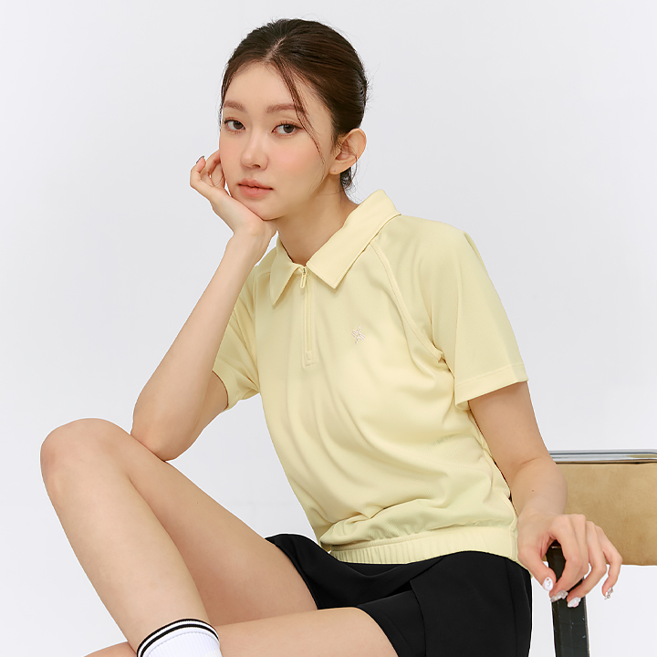 XFK2QS1101 Soft Pique Half Zip-Up Short Yellow Syrup TOP