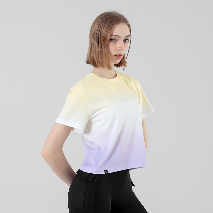 XFK2TS1109 Ice Feather Gradation Crop Short Yellow Lavender top