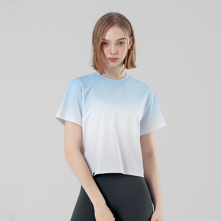 XFK2TS1109 Ice Feather Gradation Crop Short Aqua Silver top