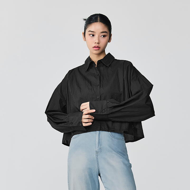 XFK2HC1104 light See-through look Crop Shirt Black TOP