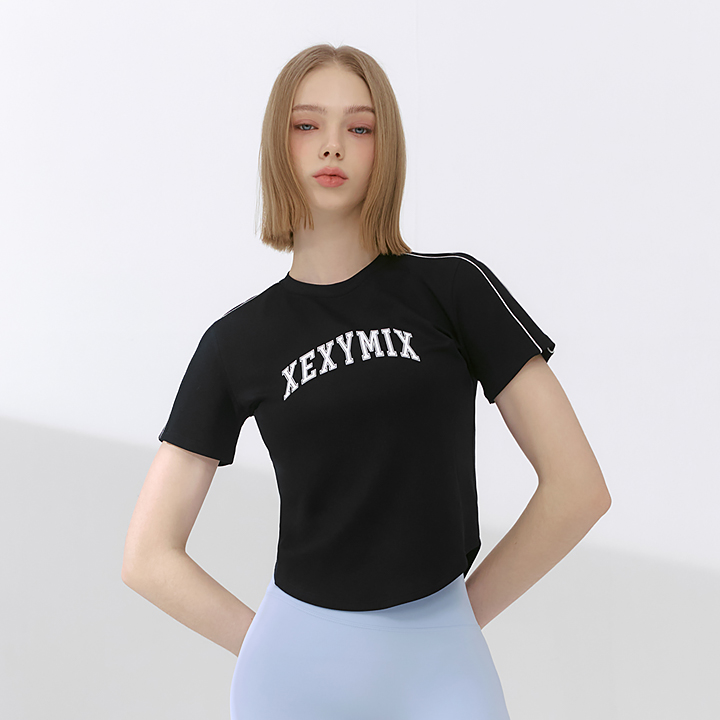 XFK2TS1102 piping color combination Crop Short Black TOP