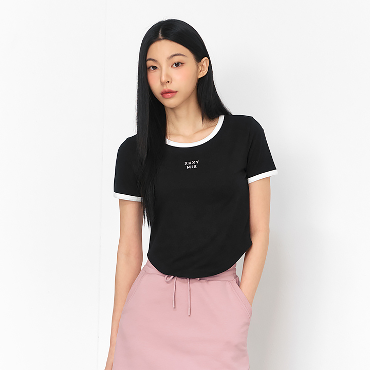 XFK2TS1105 Soft Line Color Block Crop Top black Top