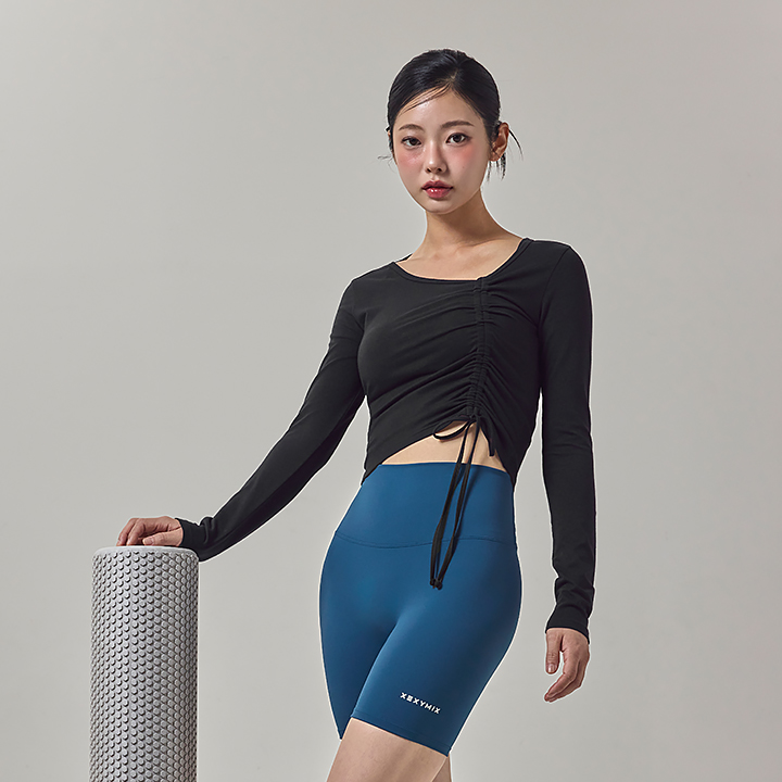 XFK3TL1112 Unbalanced Neck Shirring Long Black TOP
