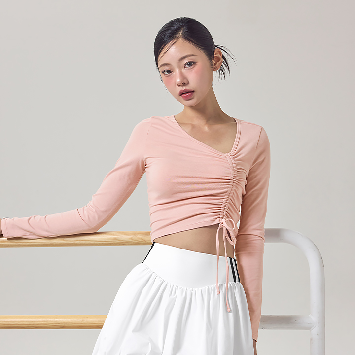XFK3TL1112 Unbalanced Neck Shirring Long Bijou Pink TOP