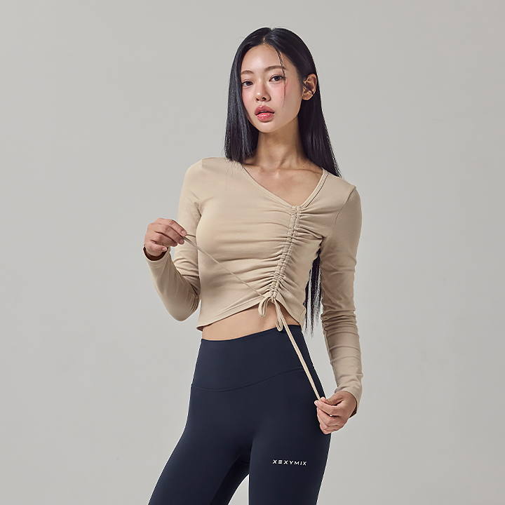 XFK3TL1112 Unbalanced Neck Shirring Long Wafer Beige TOP