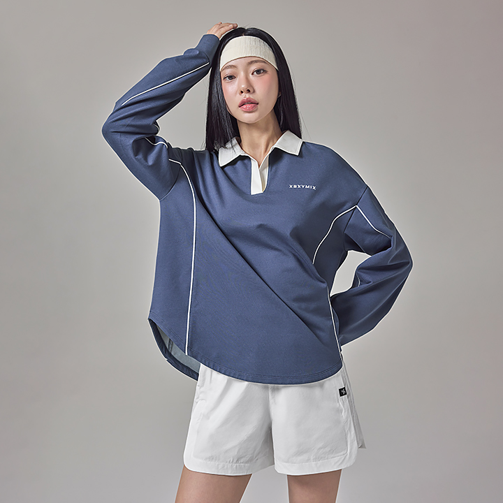 XFK3QL1102 color combination Kara piping loose fit Long Balance Blue TOP