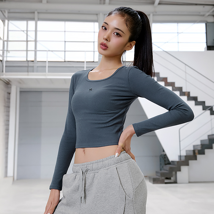 XFK3TL1118 Soft Lip Crop Long Navy Bubble TOP