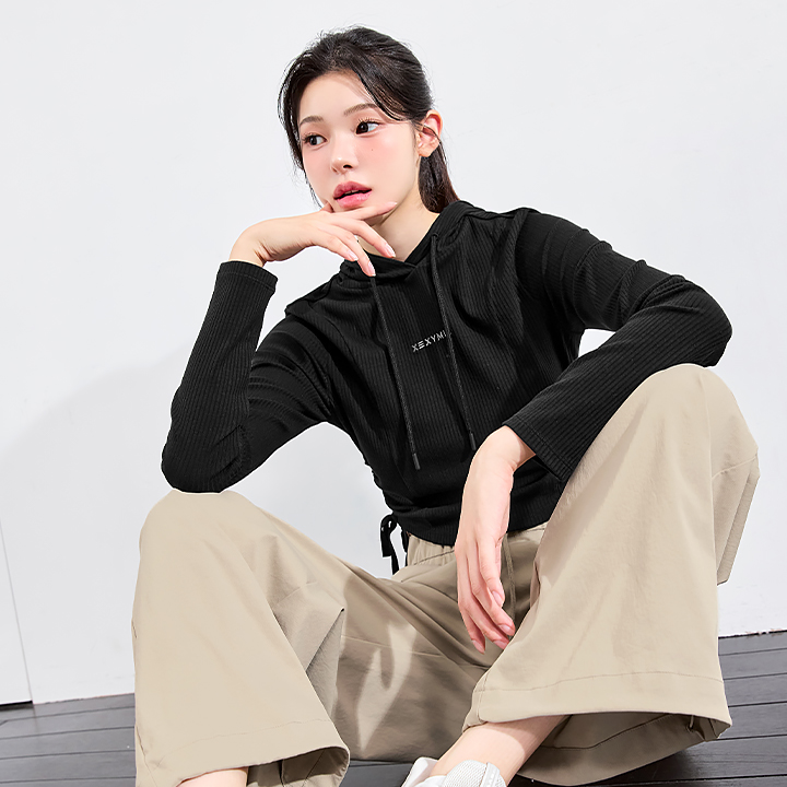 XFK3TL1110 Soft Rib Side String Hoodie Black Top