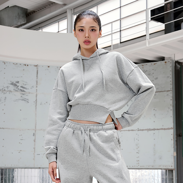 XFK3TL1106 Softly One-Slit Crop Hoodie Melange Gray TOP