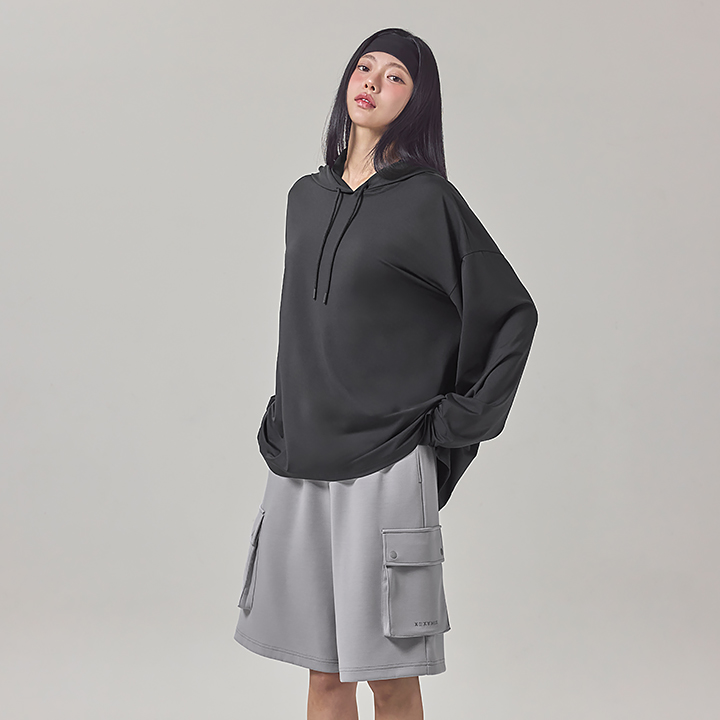 XFK3TL1109 Medium Feather Overfit Hood Long Black TOP