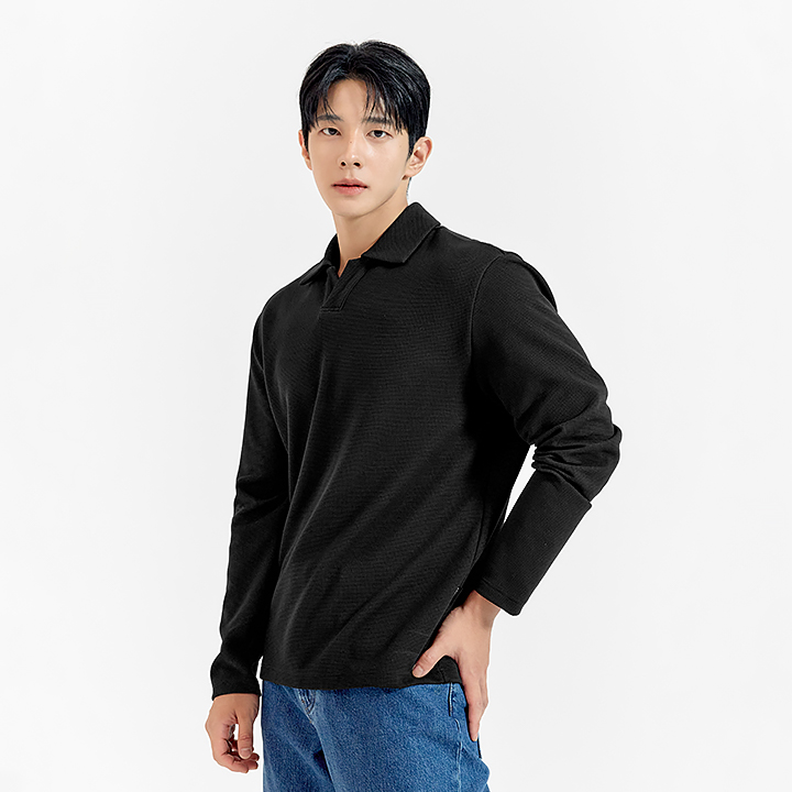 XMK3QL1101 Men's Waffle Texture Open Collar Long Sleeve TOP