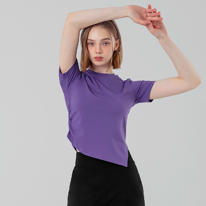 XFK2TS1004 Unbalanced Side Shirring Short Sleeve Coat Purple TOP