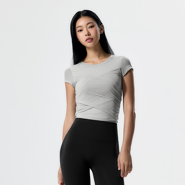 XFK3BL1513 Cotton-like Cross Mesh Sleeve Top