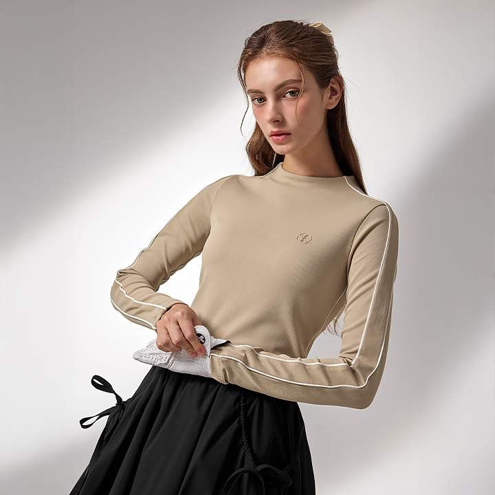 XFK3TU1203 Piping color combination mock neck long top