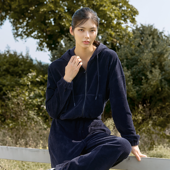 XTFGJ14J3 Corduroy Hood Zip up Eve Navy Top