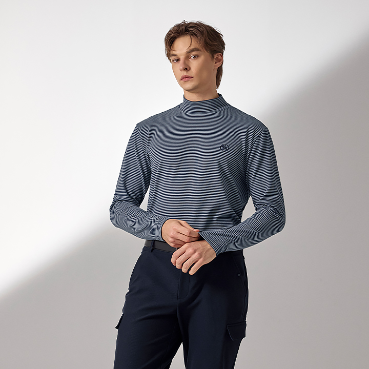XMK3TU1203 Stripe Men's Mock Neck Long TOP