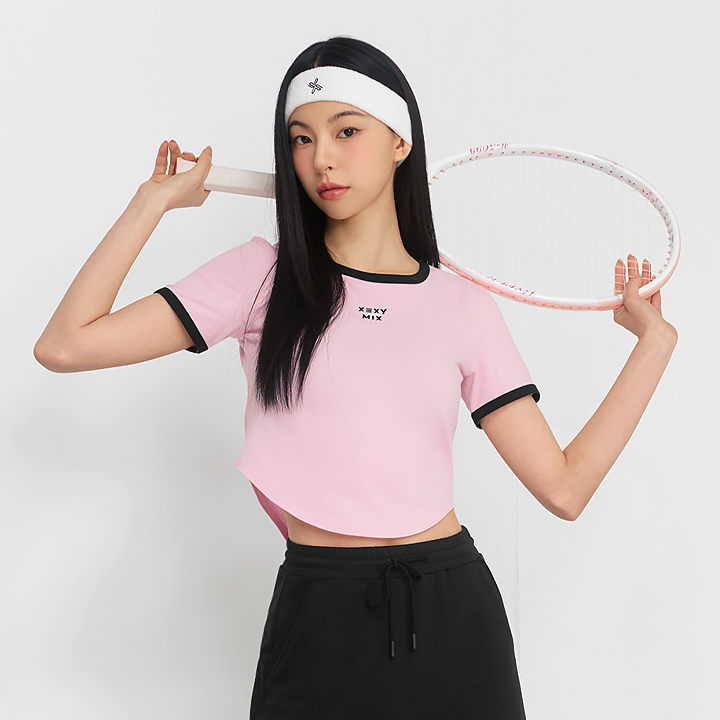 XFK2TS1105 Soft Line Color Block Crop Top Yogurt Pink Top