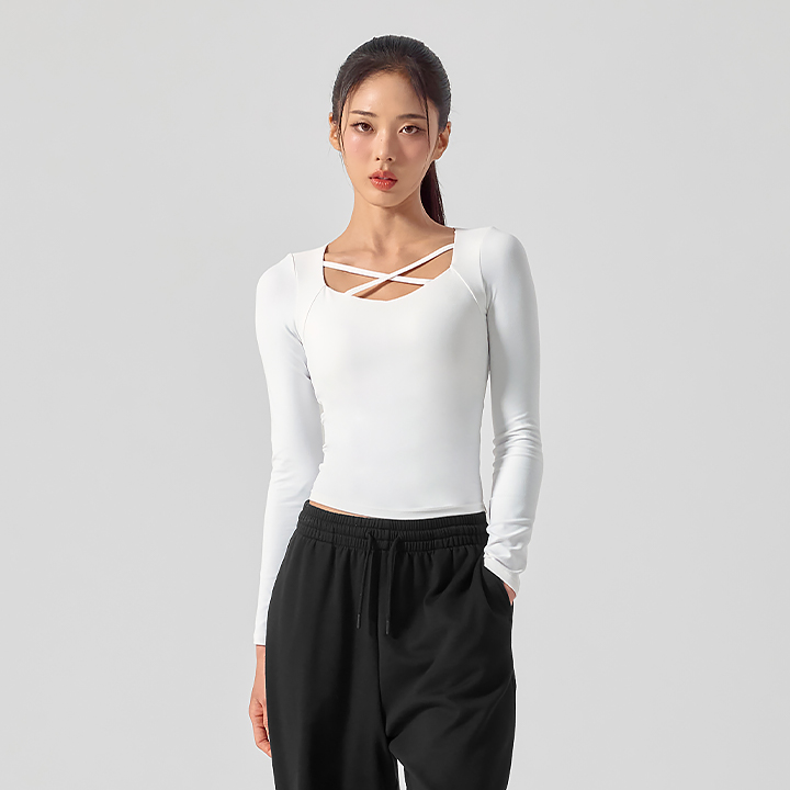 XFK3BL1512 Cotton-Like Cross-String Padded Long Sleeve TOP