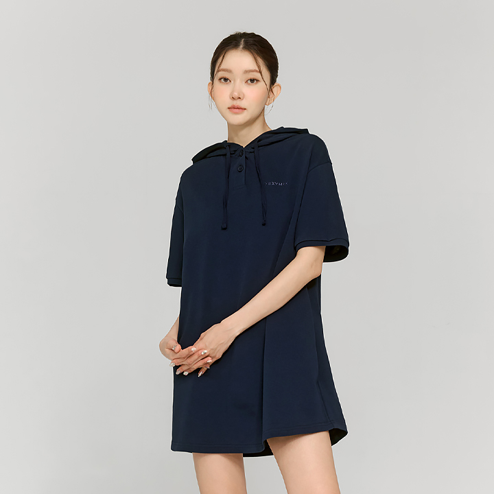 XFK2OP1102 Cozy Two-button Hoodie One-piece Broken Navy Top