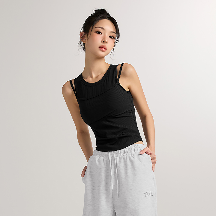XFK1BL1501 Soft ribbed layered tank black top