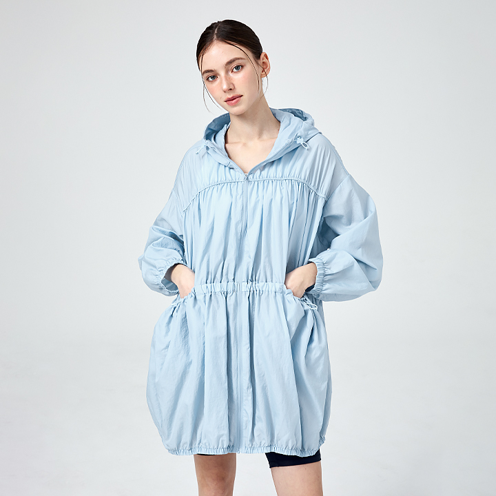 XFK1JL1106 Airy Balloon Shirring Hooded Long Jacket Sugar Blue Top