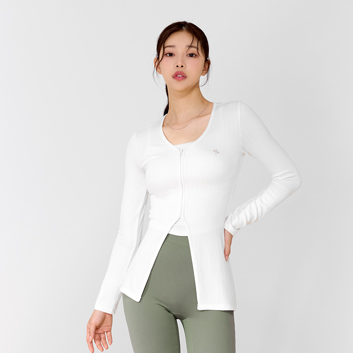 XTFCD02H3 Ribbed Zip up Cover Cardigan Ivory Top