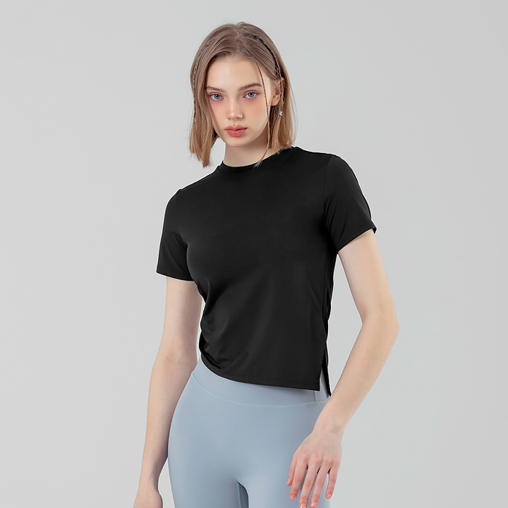 XFK2TS1004 Unbalanced Side Shirring Short Sleeve Black TOP