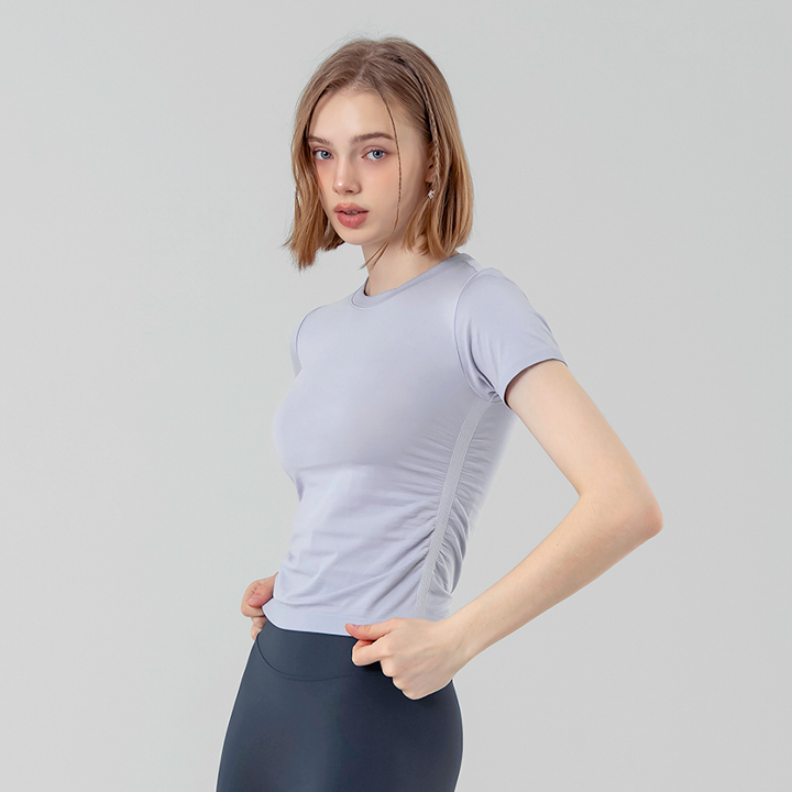 XFK2TS1009 ZeroSlick Seamless Side Shirring Short Sleeve Lavender Gray TOP