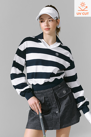 XFK1QL1202 Ruffle Stripe V-neck Long TOP